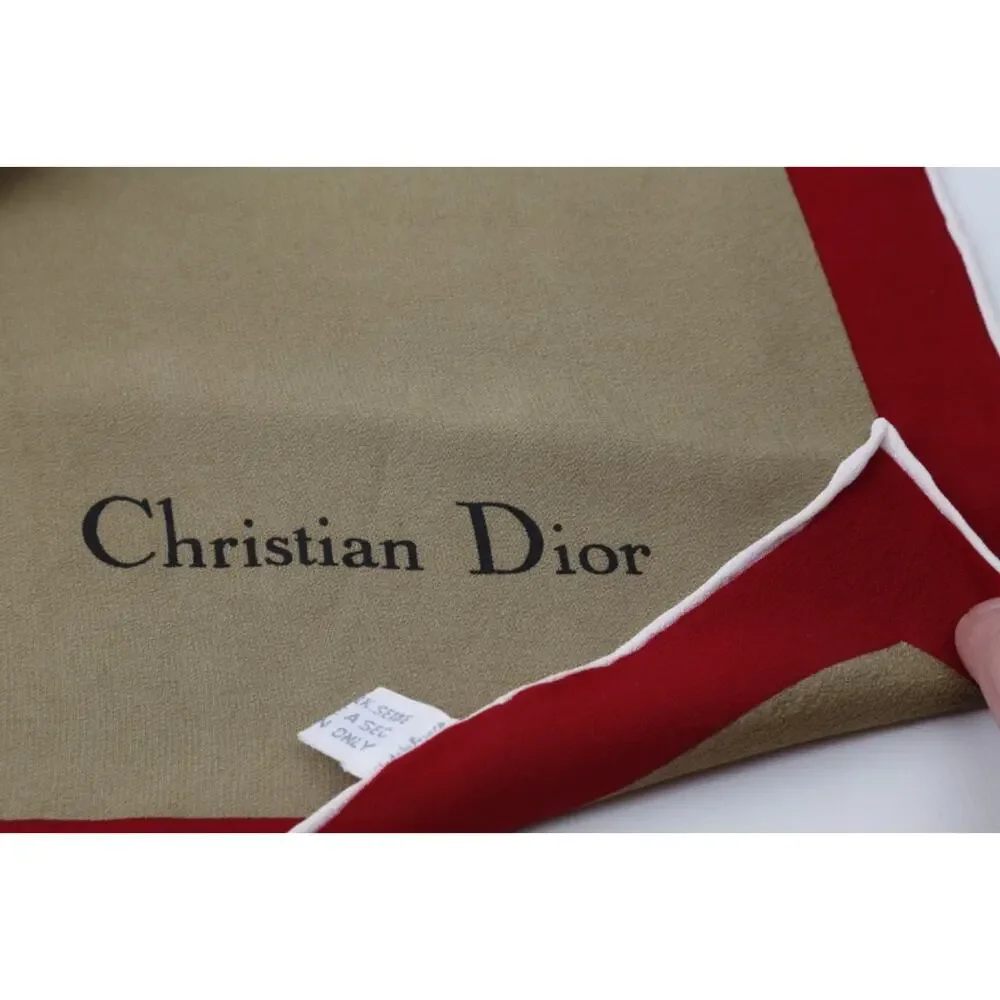 Vintage Christian Dior Silk Square Scarf Beige Tan Red Border White Stripe Logo